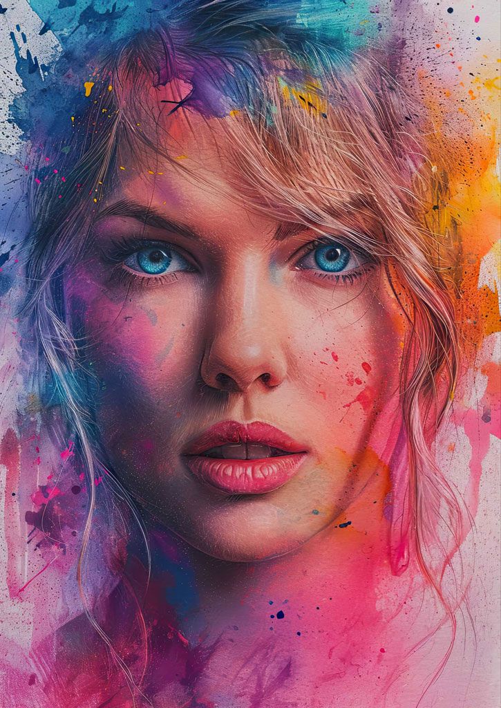 A close-up portrait of a woman with blue eyes and blonde hair, surrounded by vibrant colors and paint splatters.