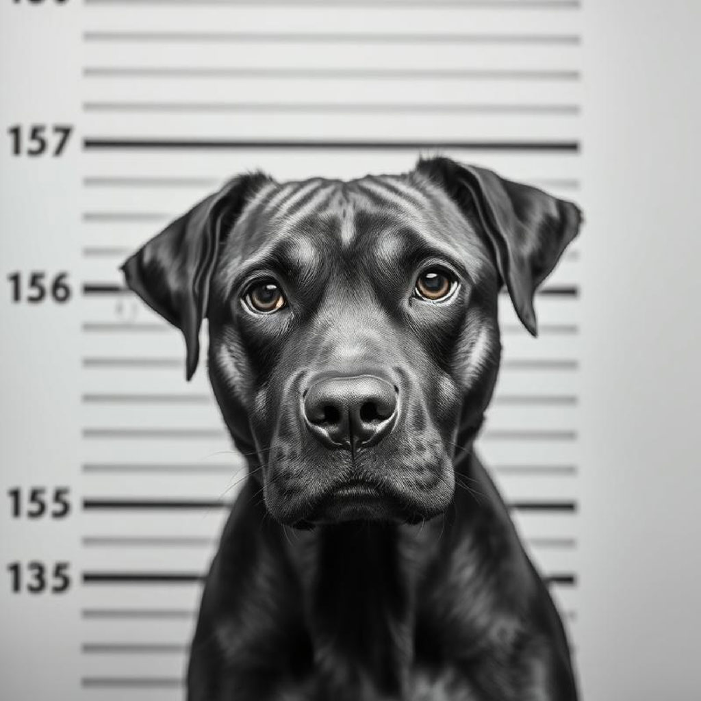 Black dog in a mugshot with a height chart
