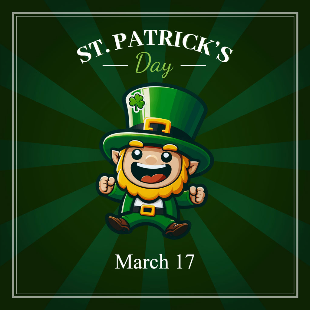 Cartoon leprechaun in green attire and hat, celebrating St. Patrick's Day