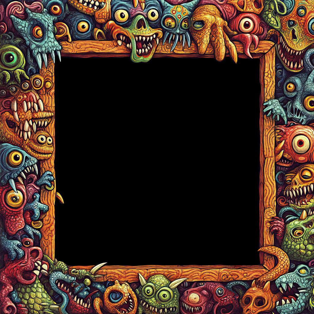 A frame with a border of colorful monster faces and creatures