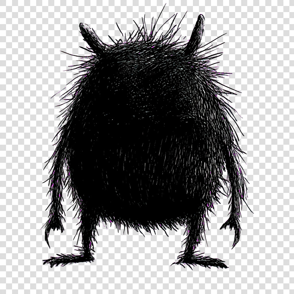 A black furry creature with horns and three-fingered hands