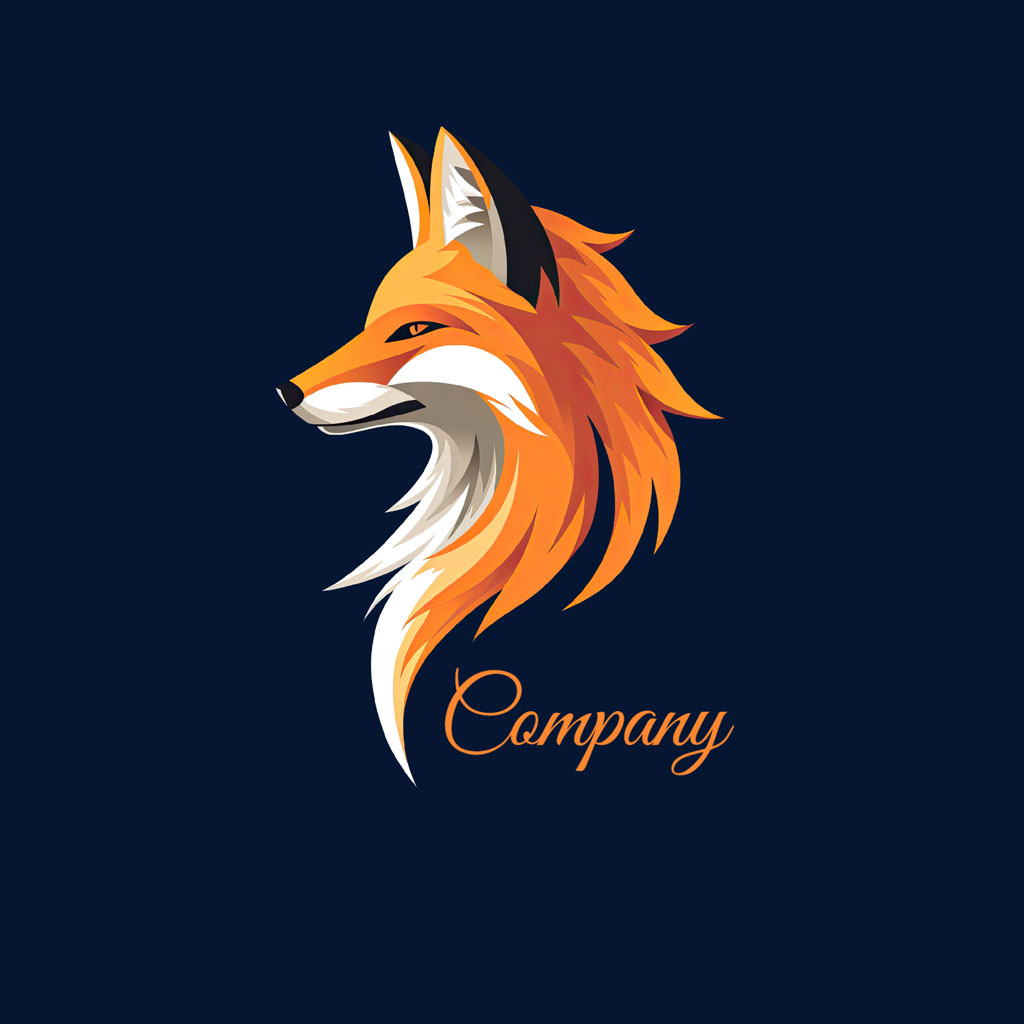 Stylized fox head logo with orange and white colors on a dark blue background