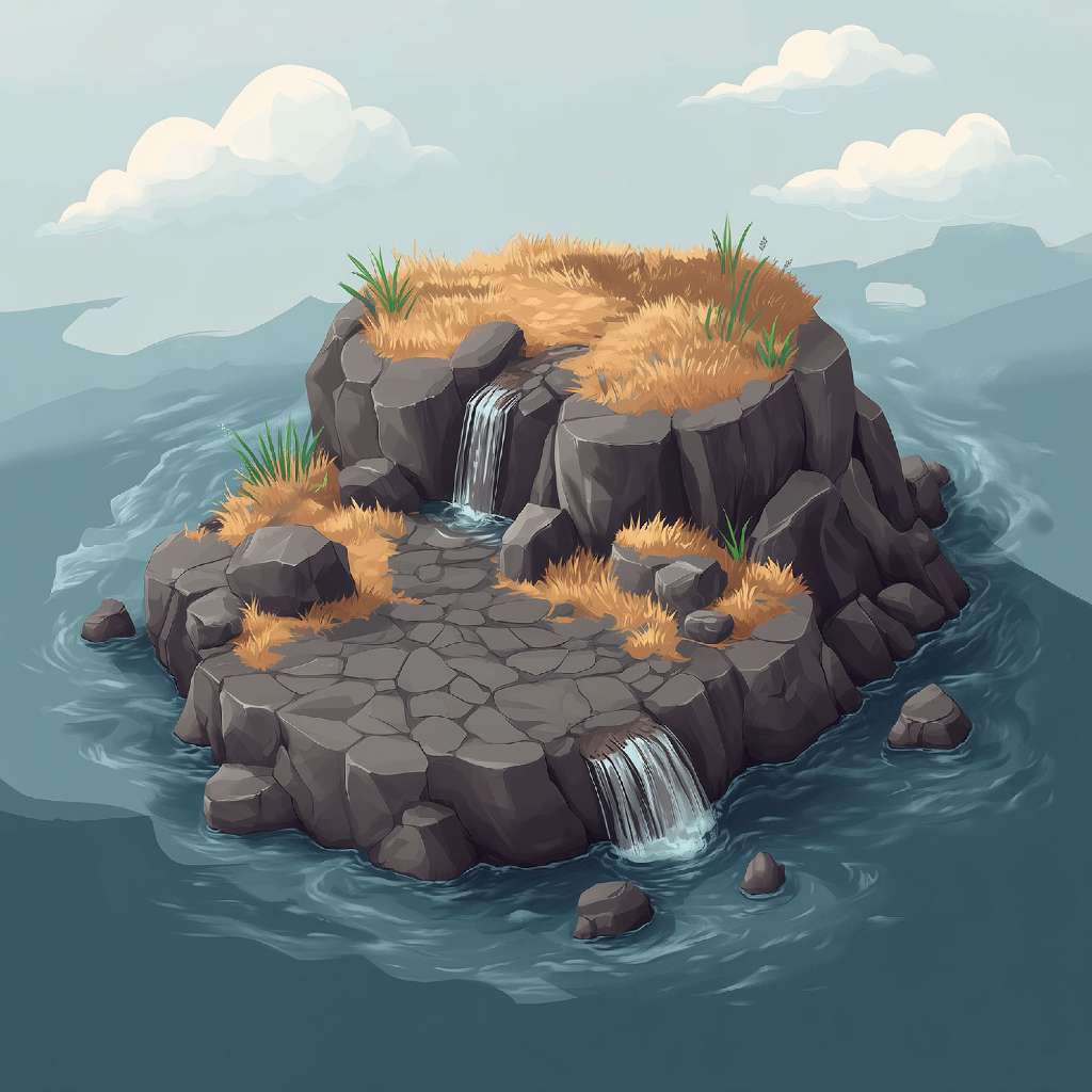 A cartoon island with waterfalls and grassy terrain surrounded by water