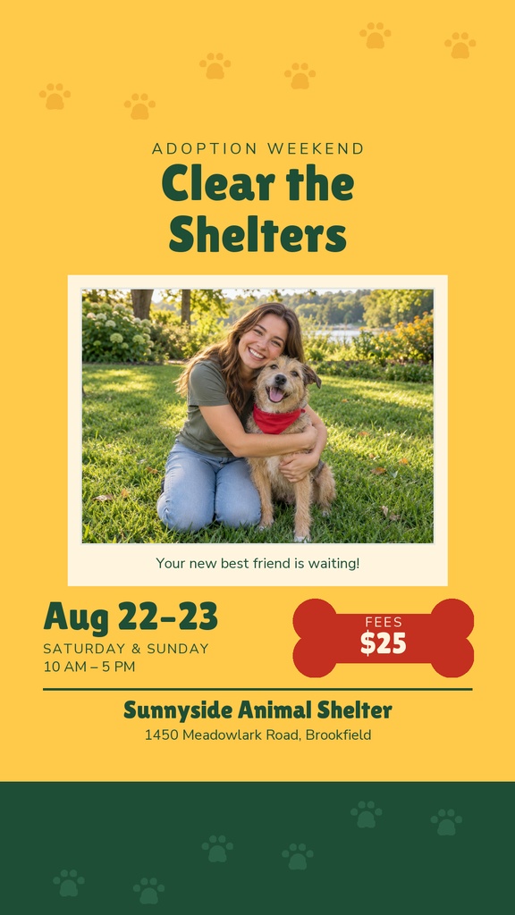 Instagram story template with a woman hugging a dog, adoption weekend text, and animal shelter details.
