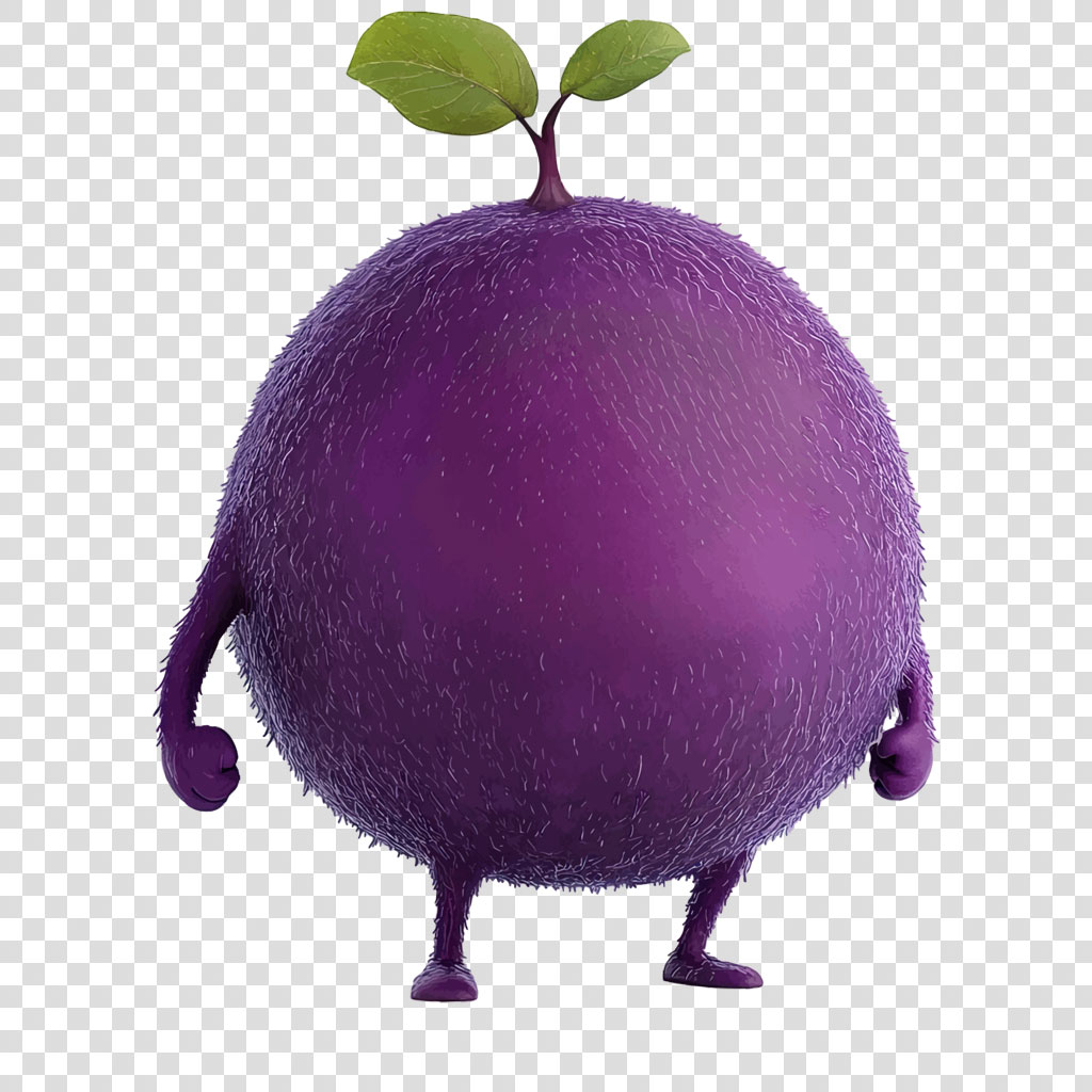 A cartoon turnip character with a fuzzy purple exterior and green leaves
