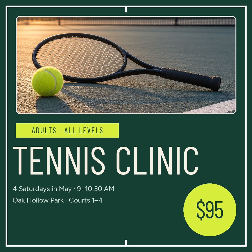 Square tennis clinic poster with racket, tennis ball, event details, and price circle