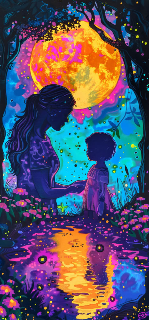 A colorful digital artwork of a mother and child facing each other in a moonlit garden.