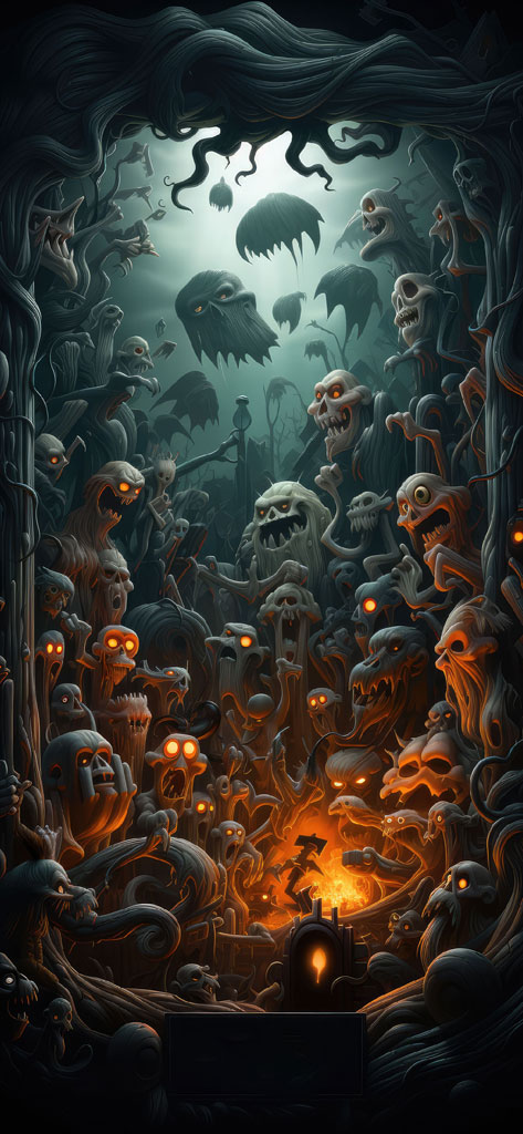 A dark, mystical forest filled with ghostly figures and eerie creatures.