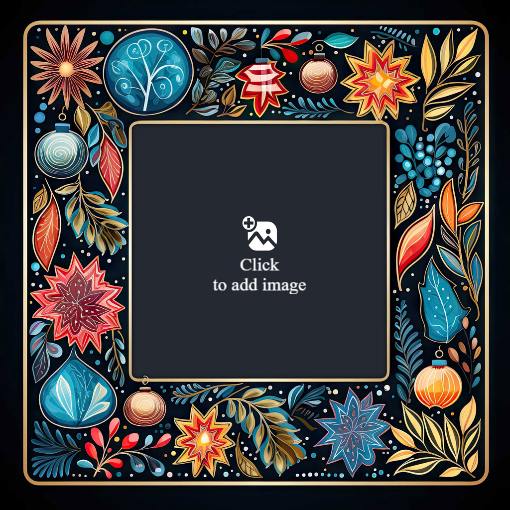 A family of four sitting on a blanket in a field, surrounded by a decorative frame with flowers and ornaments.