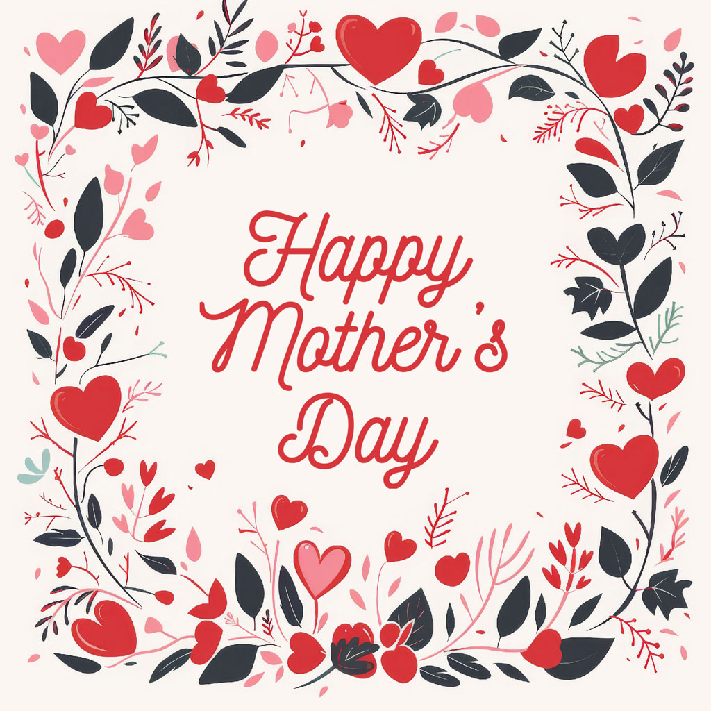 A floral wreath with hearts and leaves surrounding 'Happy Mother's Day' text