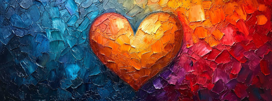 A heart-shaped artwork with a gradient background transitioning from blue to red.