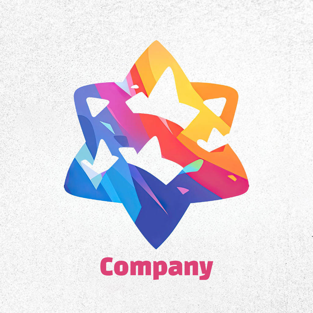 Stylized company logo with colorful star shapes