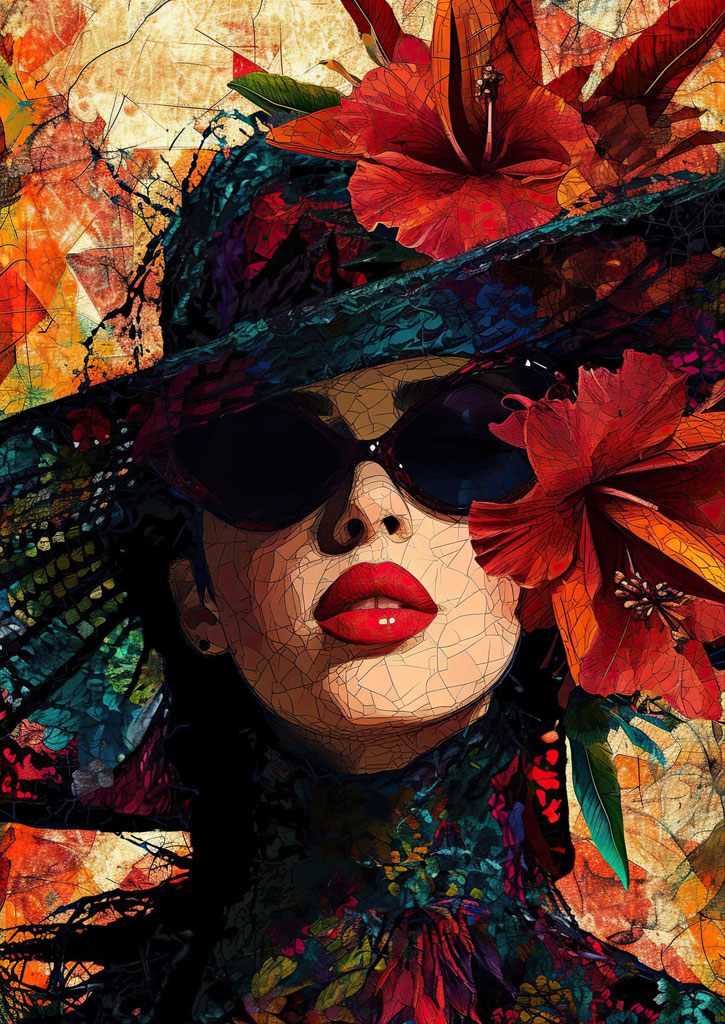 A stylized image of a woman in sunglasses and a hat with red flowers.