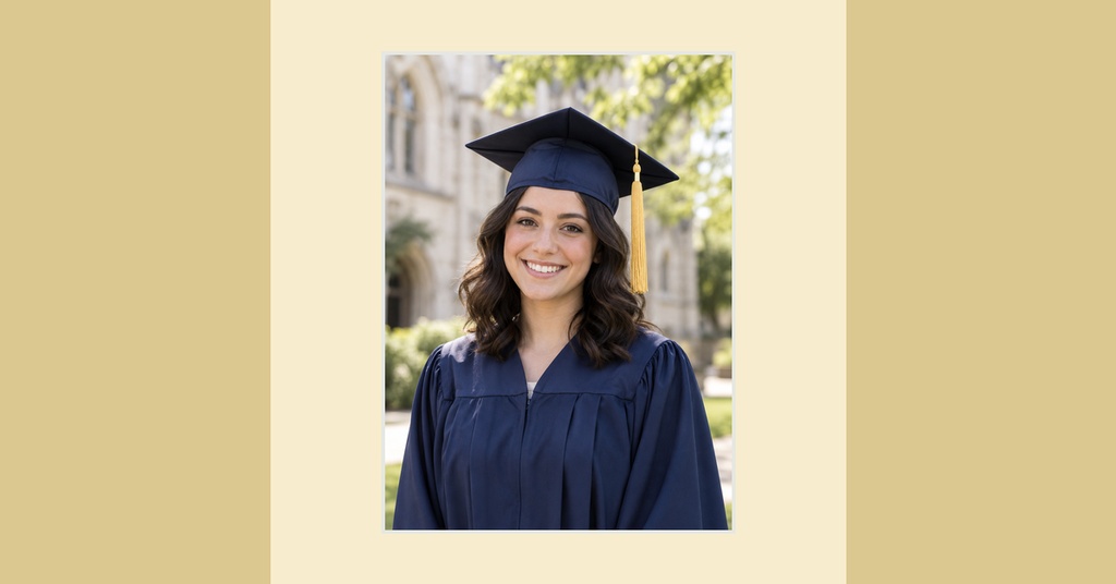 Smiling graduate in a navy cap and gown against a light outdoor background.