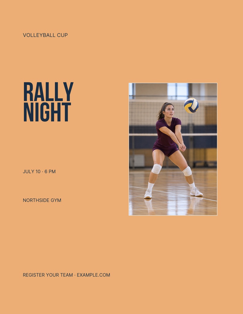 Portrait volleyball flyer with a player hitting a ball and bold Rally Night text.