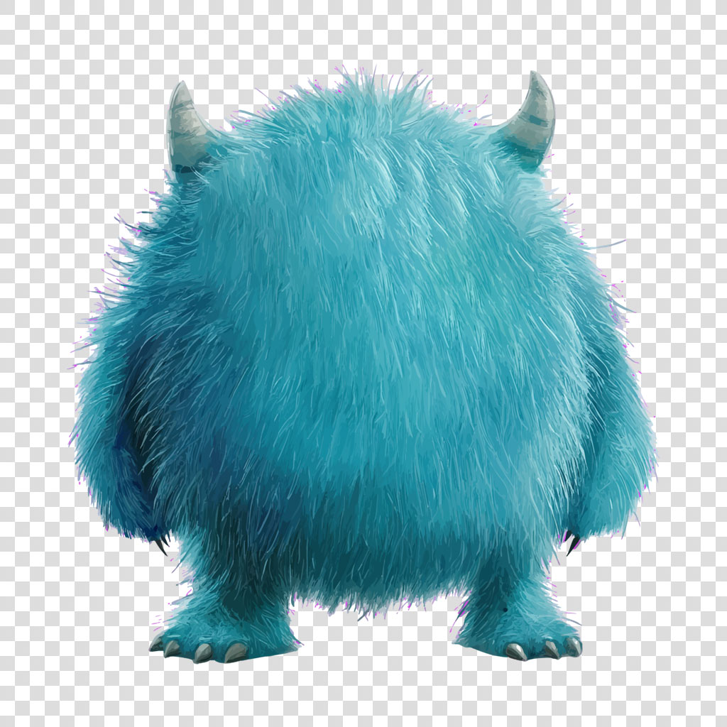 A blue, furry monster with two horns and sharp claws on its feet.