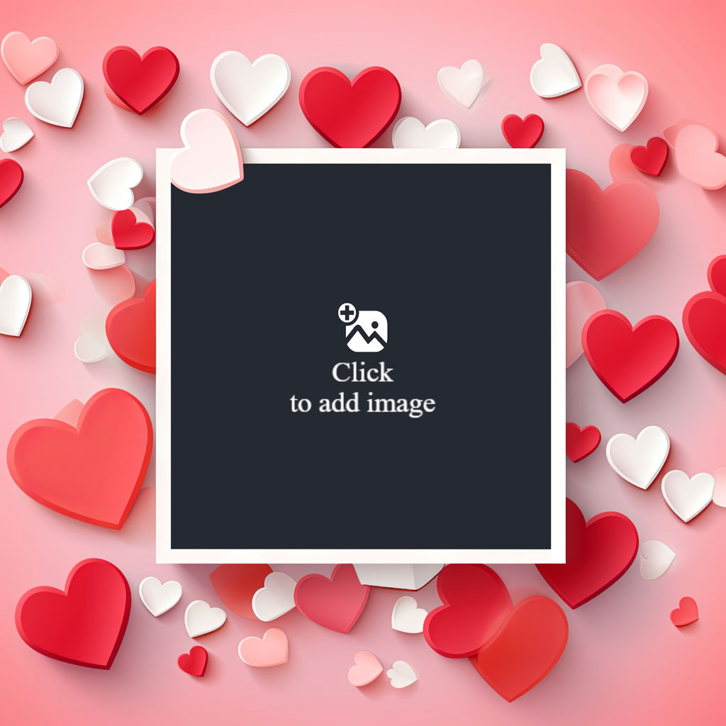 A white-framed black square surrounded by red and white hearts on a pink background