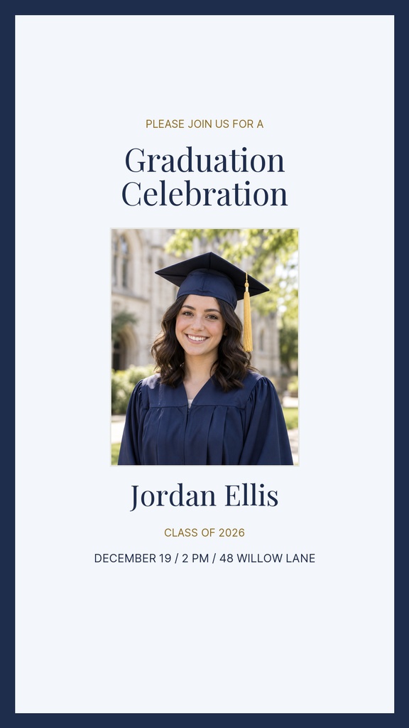 Portrait graduation story template with a smiling graduate photo and text for a celebration