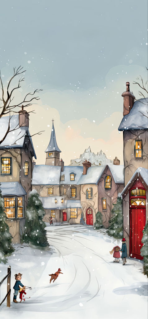 Illustration of a snowy village street with houses and people