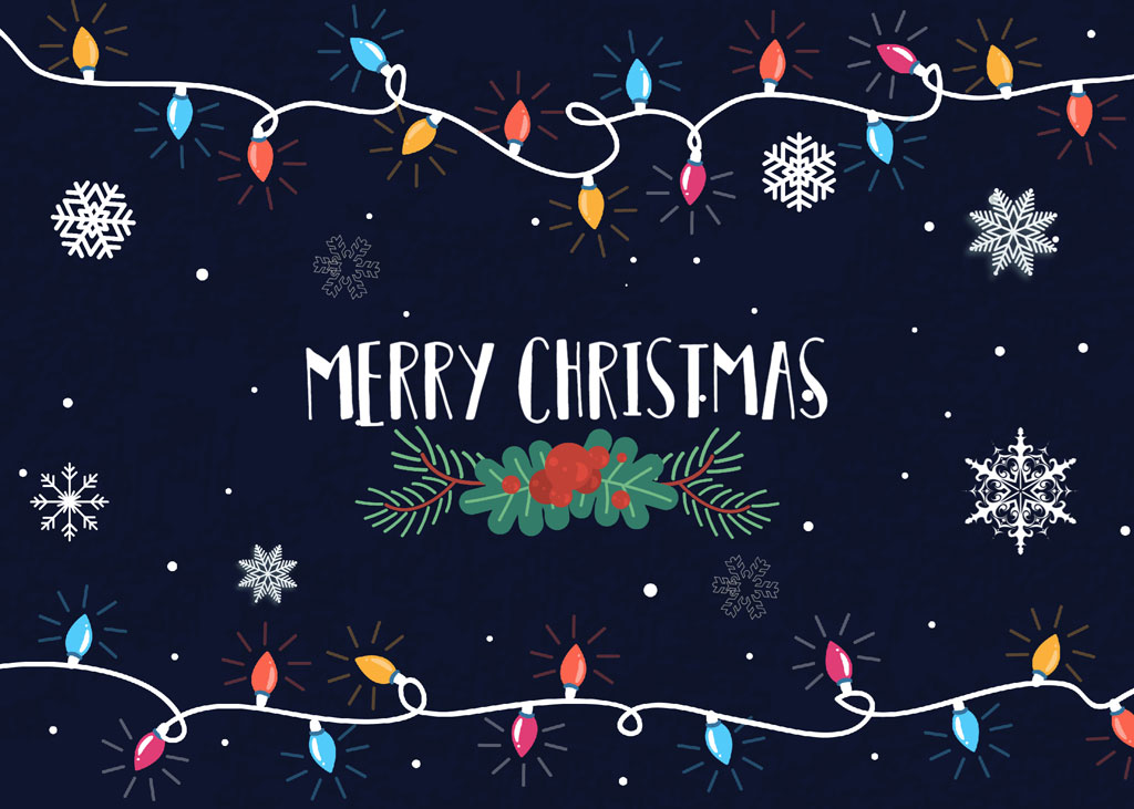 Merry Christmas image with festive lights and snowflakes