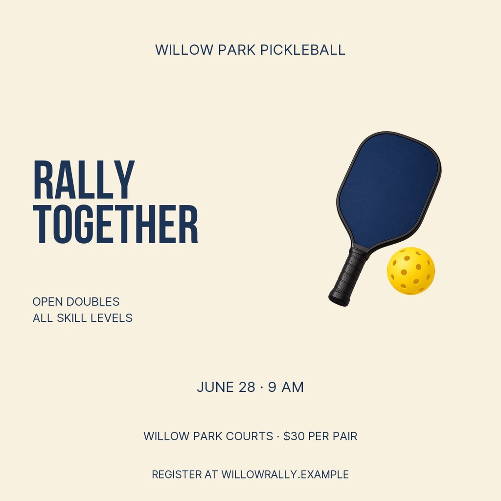 Square pickleball event flyer with paddle, ball, and rally together text on a light background.