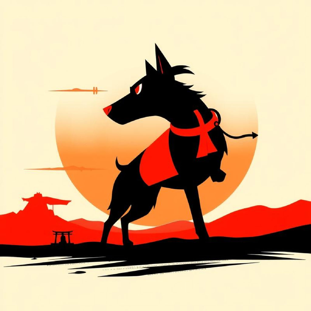 Black dog in samurai costume standing in front of an orange sunset with Japanese mountains and temple