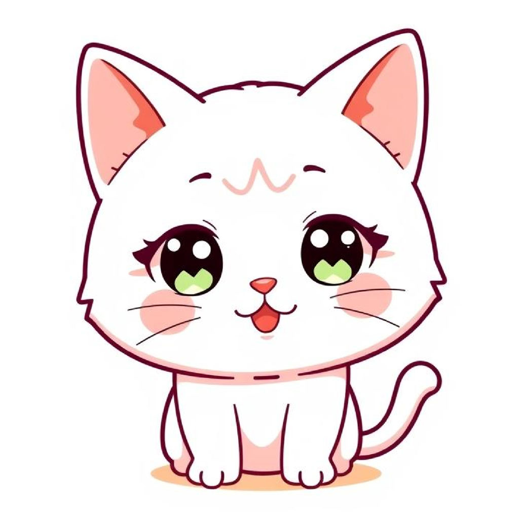 Cartoon white cat with green eyes