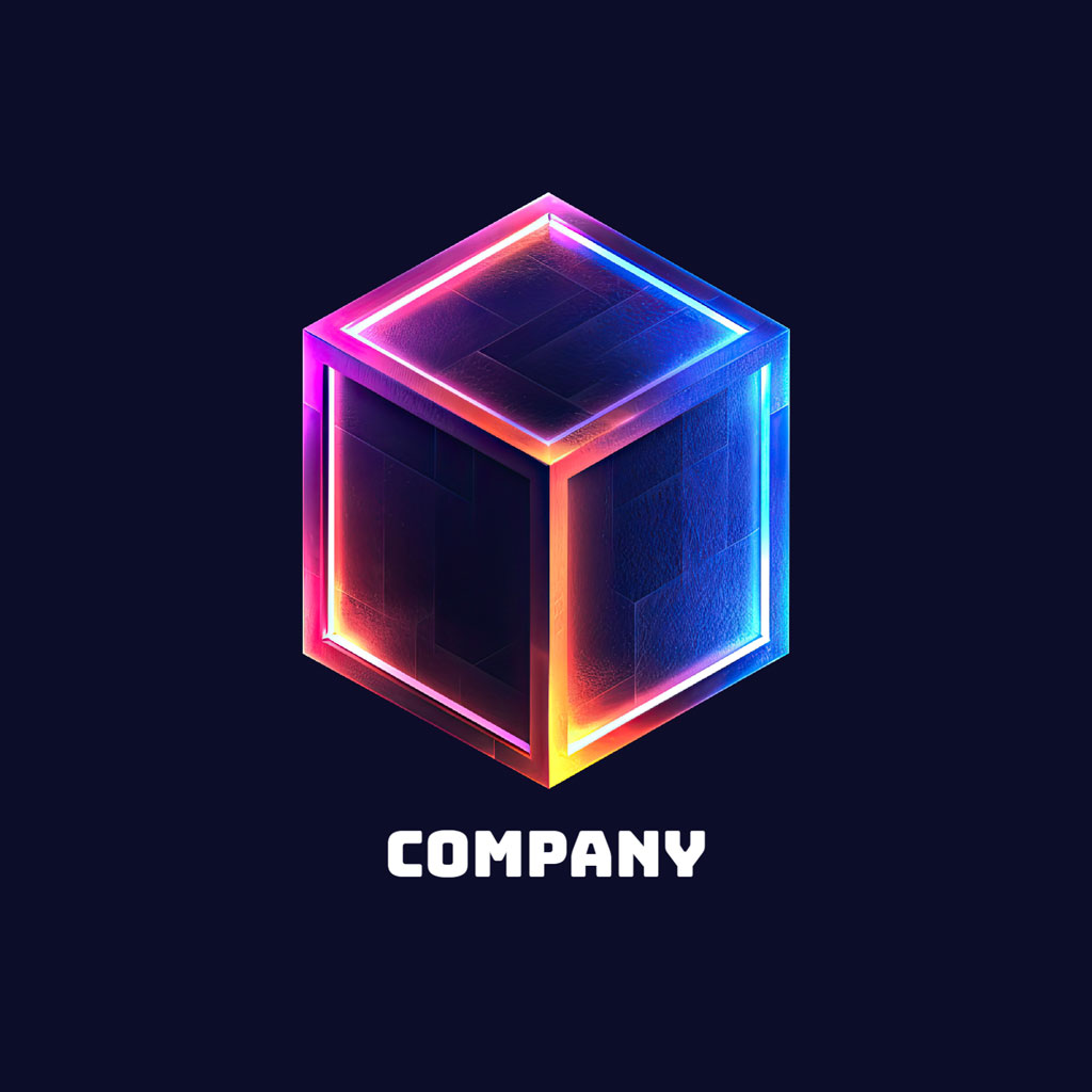 Neon cube logo on dark background