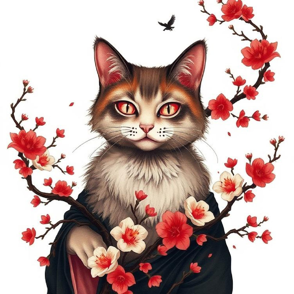 A cat with red eyes wrapped in black cloth surrounded by red and white flowers