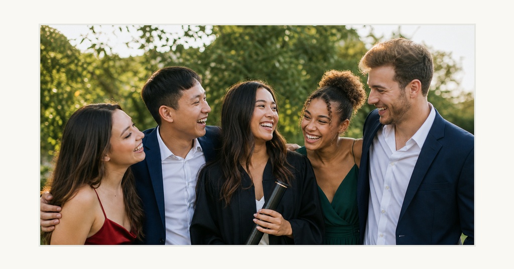 Five smiling graduates in formal attire standing outdoors together.