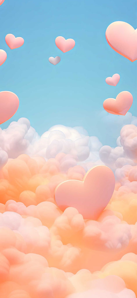 Pink hearts floating above and within peach and white clouds under a blue sky.