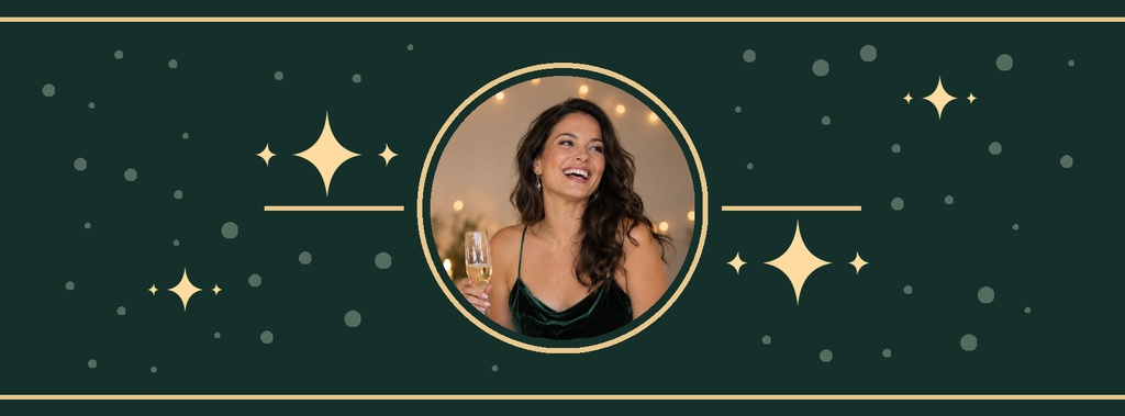 Dark green birthday cover with gold stars and a circular portrait of a smiling woman.