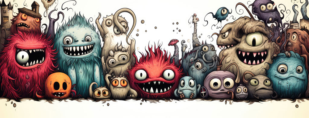 A diverse group of colorful cartoon monsters with different expressions and features.