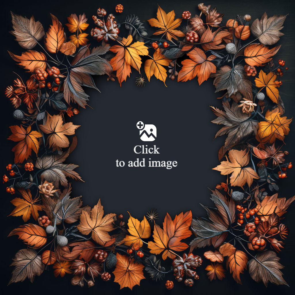 A square frame made of autumn leaves, skulls, and red berries on a dark background.