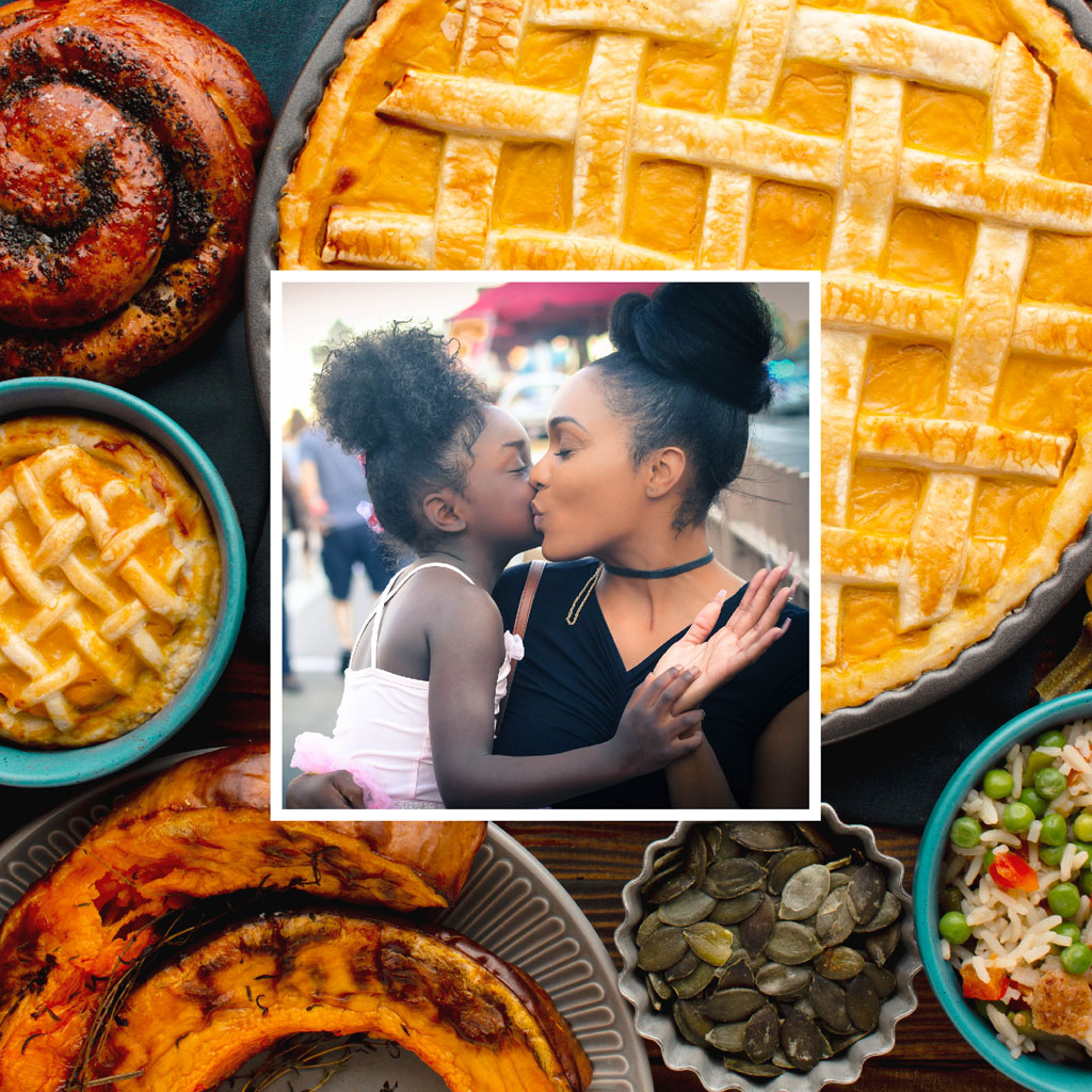 A collage of autumnal dishes and a mother-daughter kiss