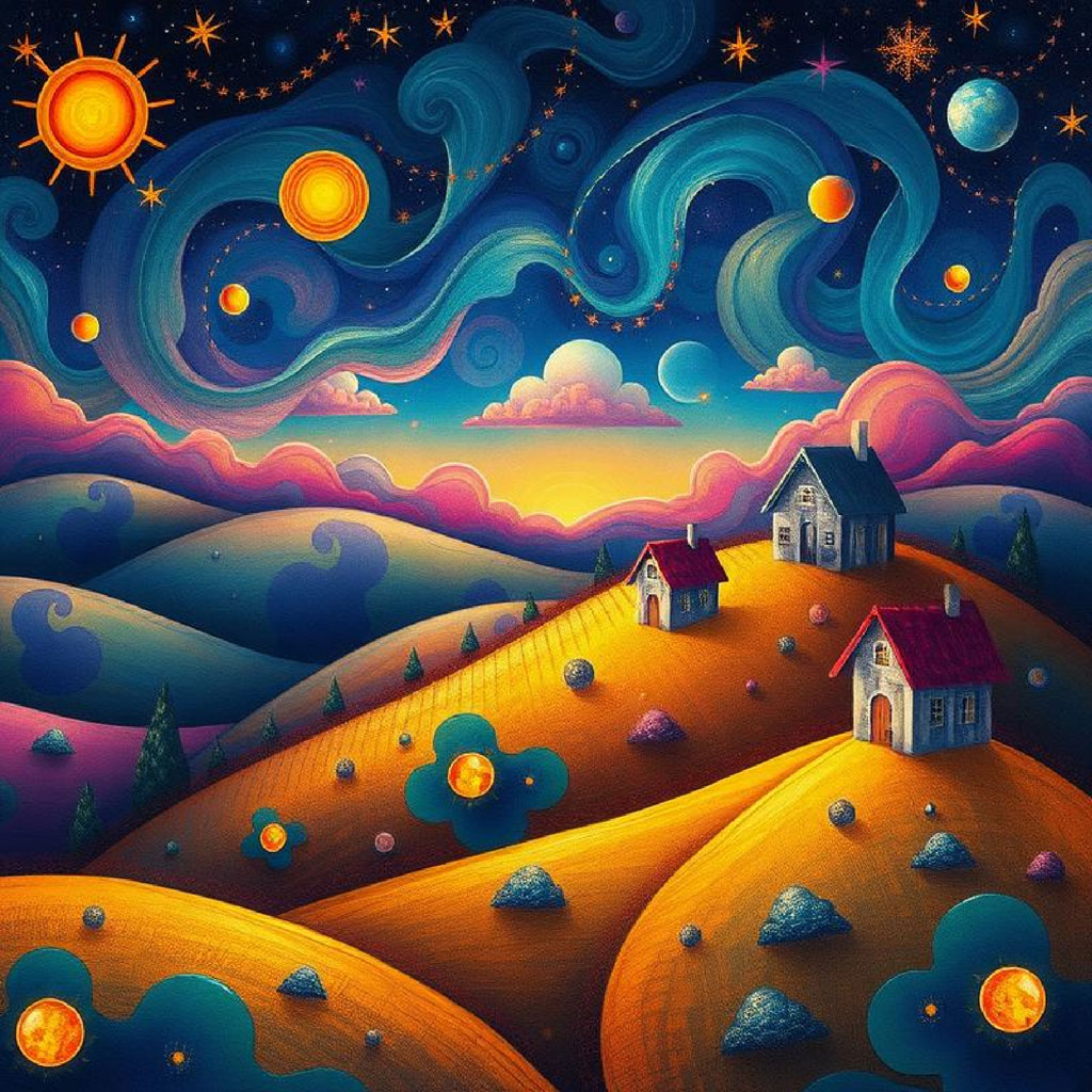 A colorful, surreal landscape with houses on hills under a starry sky with swirling clouds and celestial bodies.