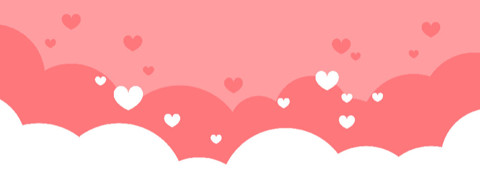 Pink background with white clouds and scattered hearts
