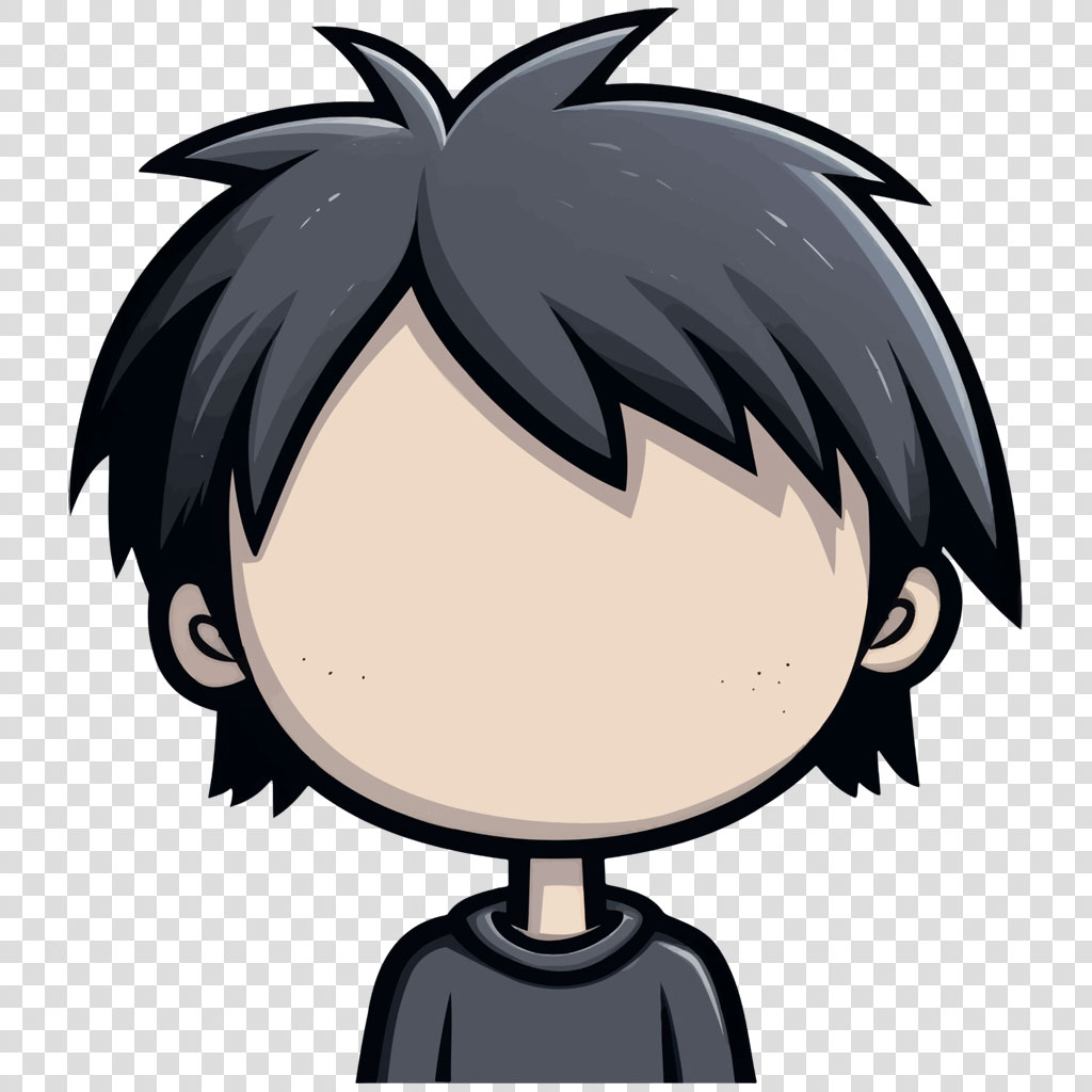 A cartoon character with black hair and no facial features.