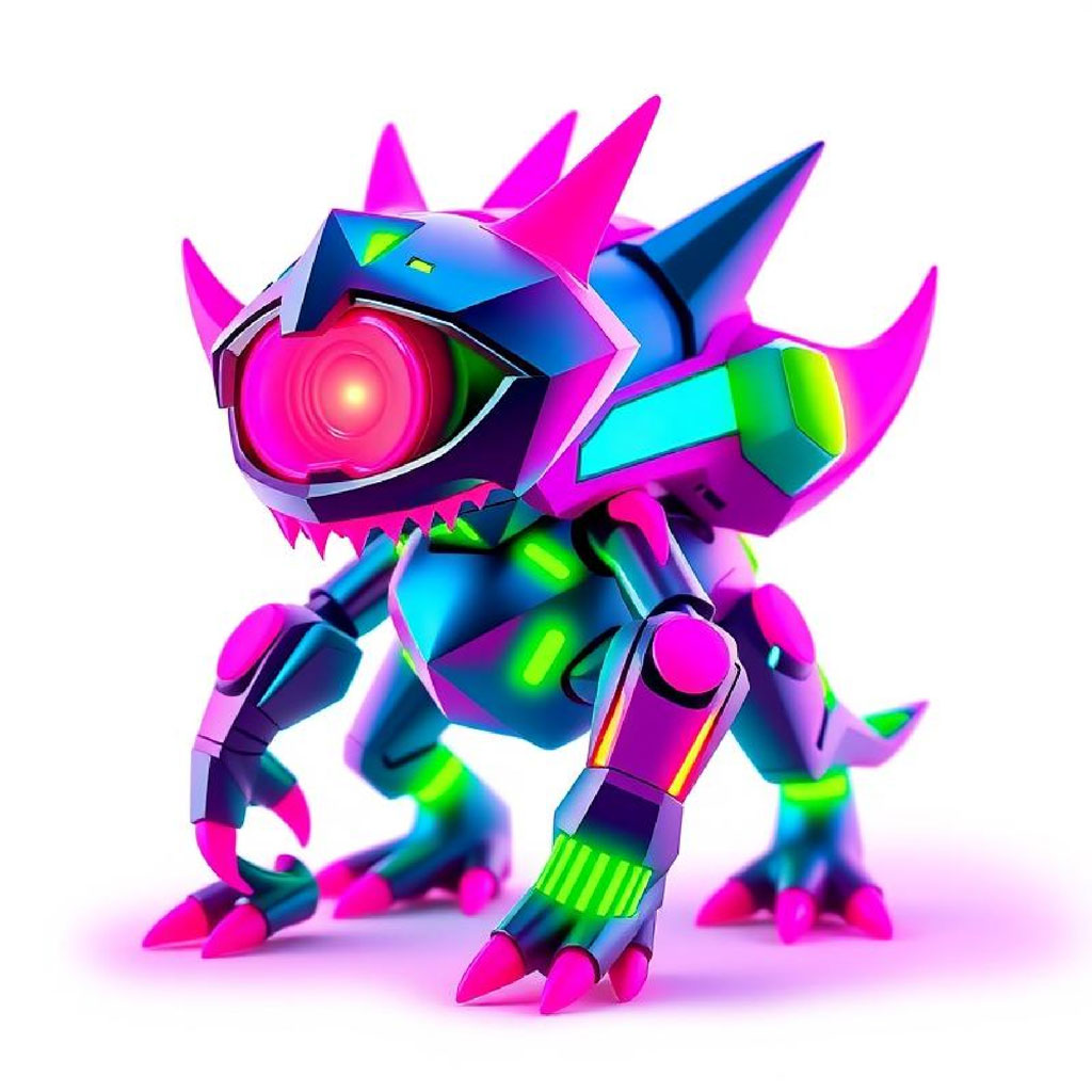 A colorful robotic creature with glowing pink eye and sharp claws.