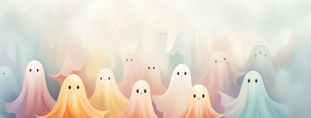 Multiple ghostly figures in pastel shades