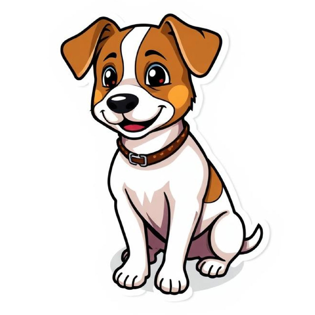 Cartoon dog with brown and white fur, sitting and smiling