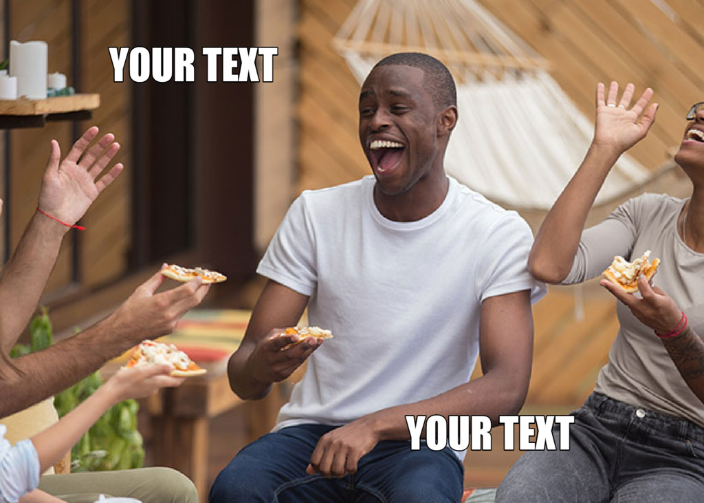 Group of friends eating pizza and laughing together