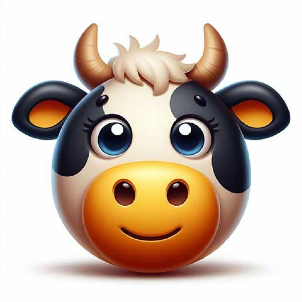 A smiling cartoon cow with black spots and yellow horns