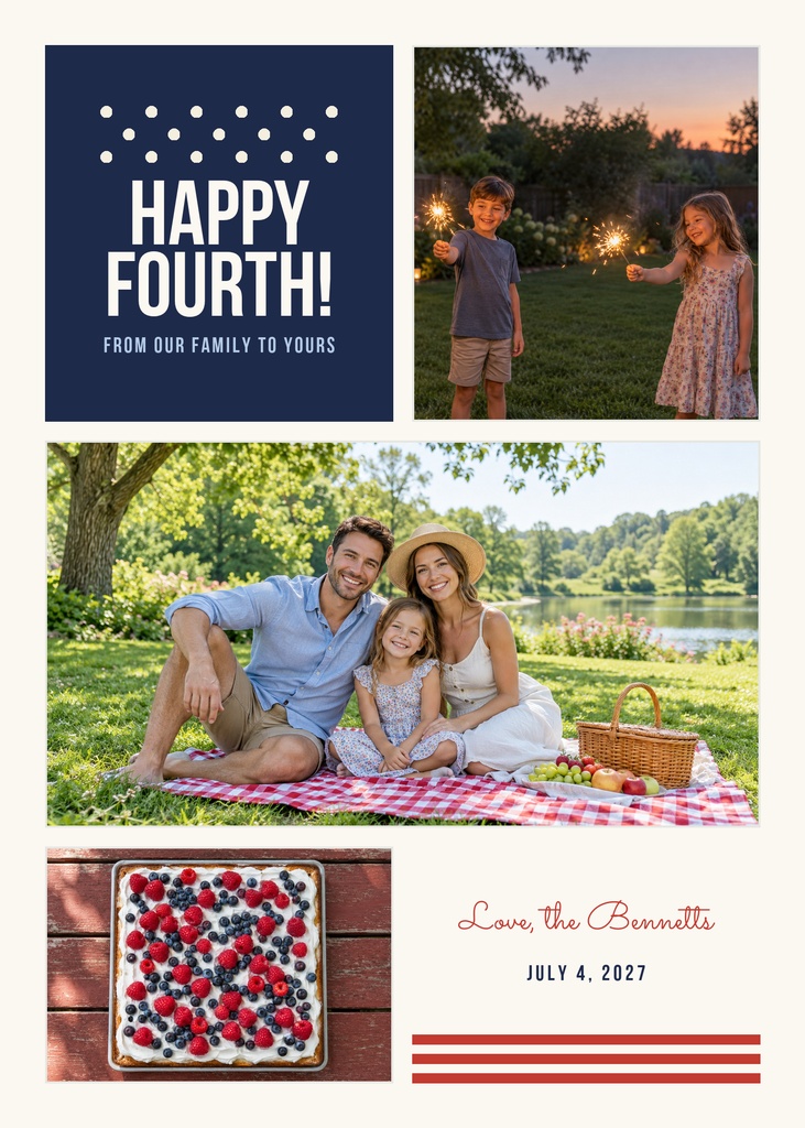 Fourth of July family greeting card with patriotic text, sparkler photo, picnic photo, and dessert image