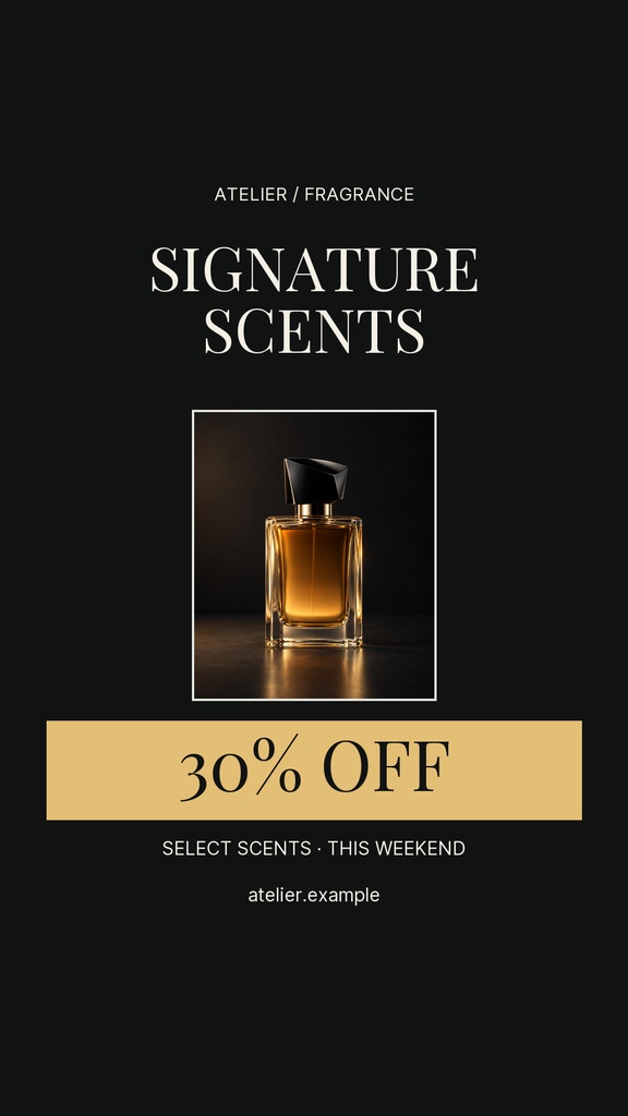 Black and gold Instagram story template with perfume bottle and 30% off sale text
