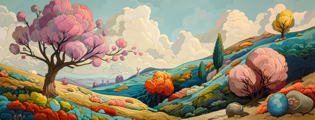 A dreamlike scene with pink trees and vibrant hills.