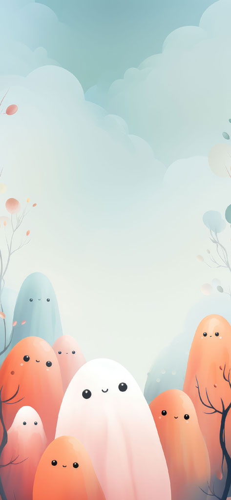 Illustration of smiling cartoon characters amidst bare trees and floating balloons