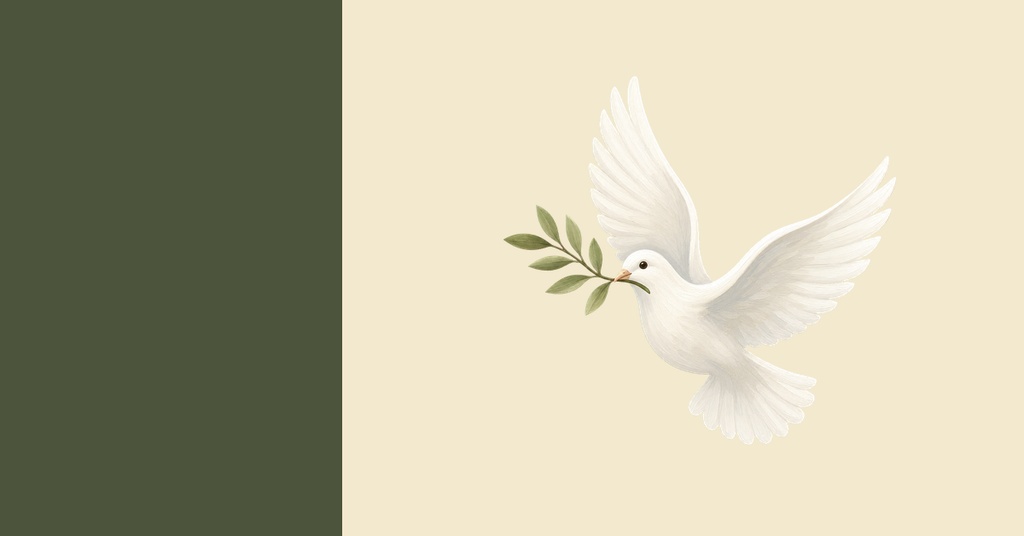 White dove carrying an olive branch on a soft beige and green split background