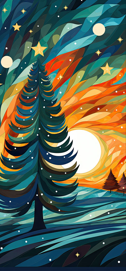 A stylized Christmas tree with a vibrant night sky background featuring stars and a full moon.
