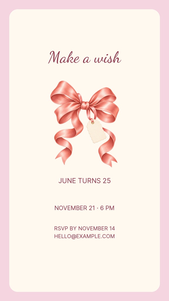Pink birthday story cover with a ribbon bow and text reading make a wish.